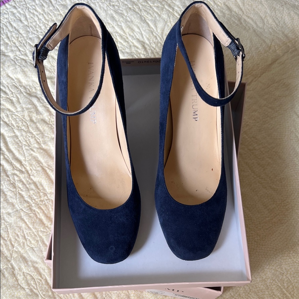 Ivanka Trump Navy Suede Ankle-Strap Pumps with Round Toe
